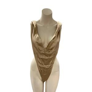 Retrofete Beige Satin Plunge Bodysuit